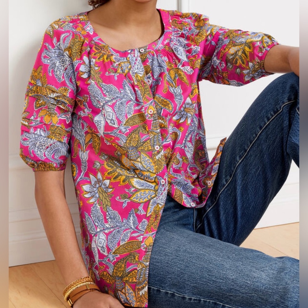 Talbots Pleated Sleeve Top Blouse Shirt Pink Floral Sz XL Button Down Cotton